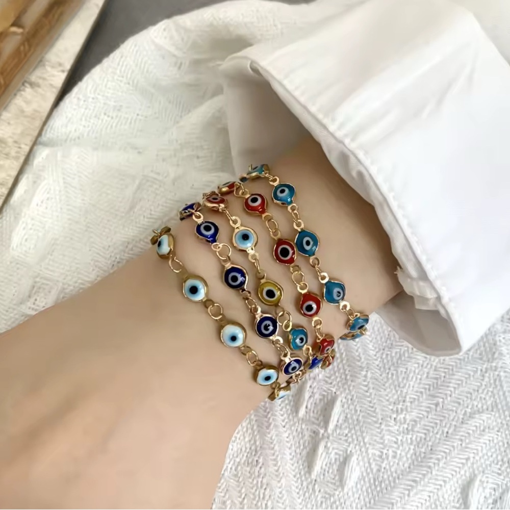 Set of 2 Evil Eye Bracelets – Blue & Multicolor – Adjustable Gold Tone